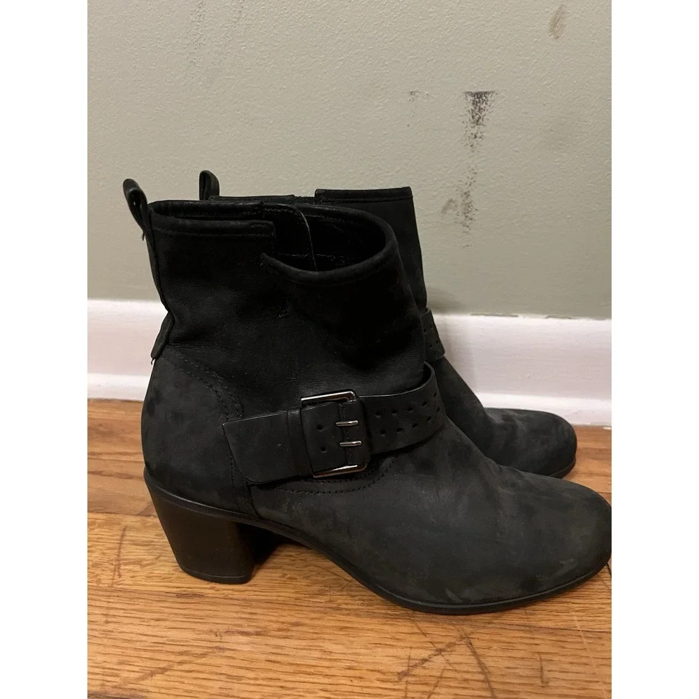 Ecco Leather Ankle Booties Heel Black Women EU 39 Buckle Fall